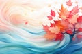 Abstract autumn background with falling red and orange maple leaves flying away into distance, carried away by wind in Royalty Free Stock Photo