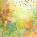 Abstract autumn background in yellow-green colors, large colored leaf prints. Careless brush strokes, scattering of dots, grunge. Royalty Free Stock Photo