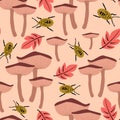 Cute abstract autumn fall seamless vector pattern background illustration with brown mushrooms, green insects and leaves