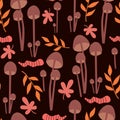 Cute abstract autumn fall seamless vector pattern background illustration with mushrooms, worms and leaves Royalty Free Stock Photo