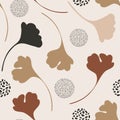 Abstract autumn foliage seamless pattern with natural leaf silhouettes, geometric shapes in minimal memphis style Royalty Free Stock Photo