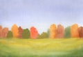 Autumn landscape with green yellow grass and multi color trees. watercolor hand drawn illustration Royalty Free Stock Photo