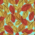 Abstract autumn leaves seamless pattern, vector background. Hand-drawn leaves on a blue background. For fabric design Royalty Free Stock Photo