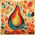 Abstract autumn picture of pear among red yellow leaves poster design background generative ai