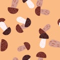 Abstract autumn seamless pattern with brown champignon mushroom ornament. Orange background