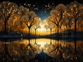 Abstract autumn trees at sunset reflected in the lake. Royalty Free Stock Photo