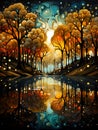 Abstract autumn trees at sunset reflected in the lake. Royalty Free Stock Photo