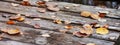 Abstract autumnal backgrounds. Autumn leaves over old wooden background. Fallen leaf on wood at the lake. Late Autumn time. Banner Royalty Free Stock Photo