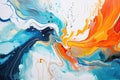 Abstract background of acrylic paint in blue, orange, yellow and black colors, Marble ink paint abstract. Close Up image, AI Royalty Free Stock Photo