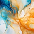 Abstract background of acrylic paint in blue, orange and yellow tones. Liquid marble texture Royalty Free Stock Photo