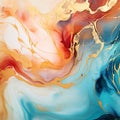 Abstract background of acrylic paint in blue, orange and yellow tones. Liquid marble texture Royalty Free Stock Photo