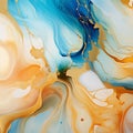 Abstract background of acrylic paint in blue, orange and yellow tones. Liquid marble texture Royalty Free Stock Photo