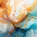 Abstract background of acrylic paint in blue, orange and yellow tones. Liquid marble texture Royalty Free Stock Photo