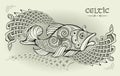 Abstract background with ancient Nordic decoration. Illustration of fantastic fish. Ethnic ornament with Celtic knot and triple
