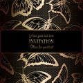 Abstract background with antique, luxury black and gold vintage frame, victorian banner, butterflies on lace crochet,