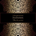 Abstract background with antique, luxury black and gold vintage frame, victorian banner, damask floral wallpaper ornaments Royalty Free Stock Photo