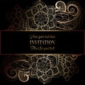 Abstract background with antique, luxury black and gold vintage frame, victorian banner, damask floral wallpaper ornaments