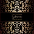 Abstract background with antique, luxury black and gold vintage frame, victorian banner, damask floral wallpaper ornaments Royalty Free Stock Photo