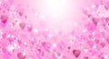 Holiday background, Valentine`s day, greeting card, pink hearts, falling hearts, gradient, glitter, light, romance, love