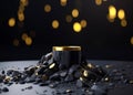 Abstract background with Black cylinder podium for product presentatio surrounded by black rock cobblestons and golden nuggets.
