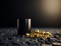 Abstract background with Black cylinder podium for product presentatio surrounded by black rock cobblestons and golden nuggets.