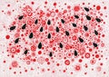 Abstract background. Black triangular spots and red linear decor on a white background