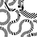 Abstract background with black and white striped loops, arcs, geometric elements, patterns fashion trend.