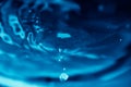 Abstract background with blue liquid ripples and drops, and light reflection, blurred background