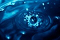 Abstract background with blue liquid ripples and drops, and light reflection, blurred background