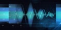 Abstract background with blue sound wave lines and blurred lines and data. Technologyl sound wave and spot light. For music wave