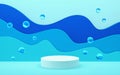 Abstract background with blue waves, bubbles, water drops and podium