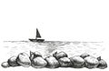 Abstract background of boat in the bottle. Pencil sketch painting style. Black and white. Ship in the sea Royalty Free Stock Photo