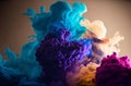 Abstract background of bright blue,purple,pink,orange puffs of smoke on a dark backdrop.