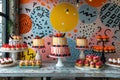 Abstract background card with cakes and pastries in a maximalistic bold design very colorful. Royalty Free Stock Photo