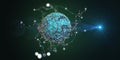 Abstract background with chaotic color lines connecting dots of sphere on dark. Analytics algorithms data. Quantum cryptography co Royalty Free Stock Photo