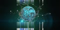 Abstract background with chaotic lines connecting dots of sphere on dark. Analytics algorithms data. Big data. Quantum