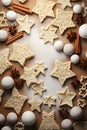 Abstract background with Christmas raw dough star cookies, spices and white baubles. Royalty Free Stock Photo