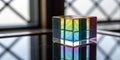 Abstract background with closeup shot of glossy crystal block with multicolored gradient reflection on blurred mirror surface Royalty Free Stock Photo