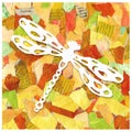 Abstract background collage of scraps of paper with the image of a dragonfly. Design of prints, packages, patterns, wrappers,