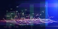 Abstract background with color wireframe and data on blue. Visual presentation of analytic research algorithms. Technology