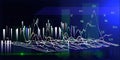 Abstract background with color wireframe and data on blue. Visual presentation of analytic research algorithms. Technology