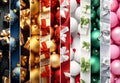 Abstract background with colorful gift and ball stripes in black, golden, red, white, blue, green and pink colors.