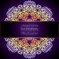 Abstract background with a colorful mandala frame, damask floral wallpaper ornaments, invitation card in purple and lilac shades Royalty Free Stock Photo