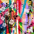 Abstract background composition, with wild roses, with paint strokes and splashes, grungy style