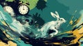 Abstract background consisting of a running rabbit, a clock, a wolf, black water, AI generated