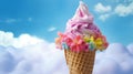 On an abstract background with copy space, a pink flower-shaped cone of rainbow Hawaiian Shave Ice, Shaved Ice, or Snow Cone