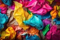 Abstract background of crumpled multicolored paper. Waste and plastic recycling and paper. Generative AI