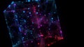 Abstract background 3D digital color wireframe cube in black ciberspace. 3D algorithm blockchain grid dinamic blocks. Big data. Royalty Free Stock Photo