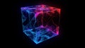 Abstract background 3D digital color wireframe cube in black ciberspace. 3D algorithm blockchain grid dinamic blocks. Big data. Royalty Free Stock Photo
