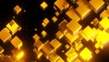 Abstract background 3D, many gold cubes with neon golden glow on black, interesting science technology background